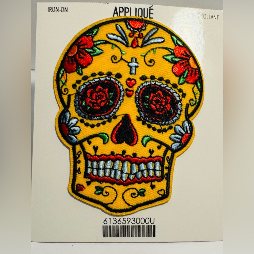 Yellow Sugar Skull Iron-on Patch Mexico Day of the Dead NWT
